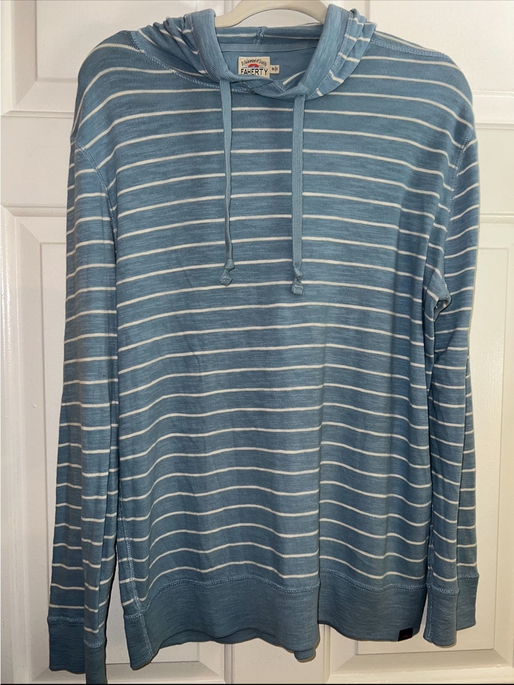 Faherty Light Blue and White Striped Hooded Long Sleeve Shirt